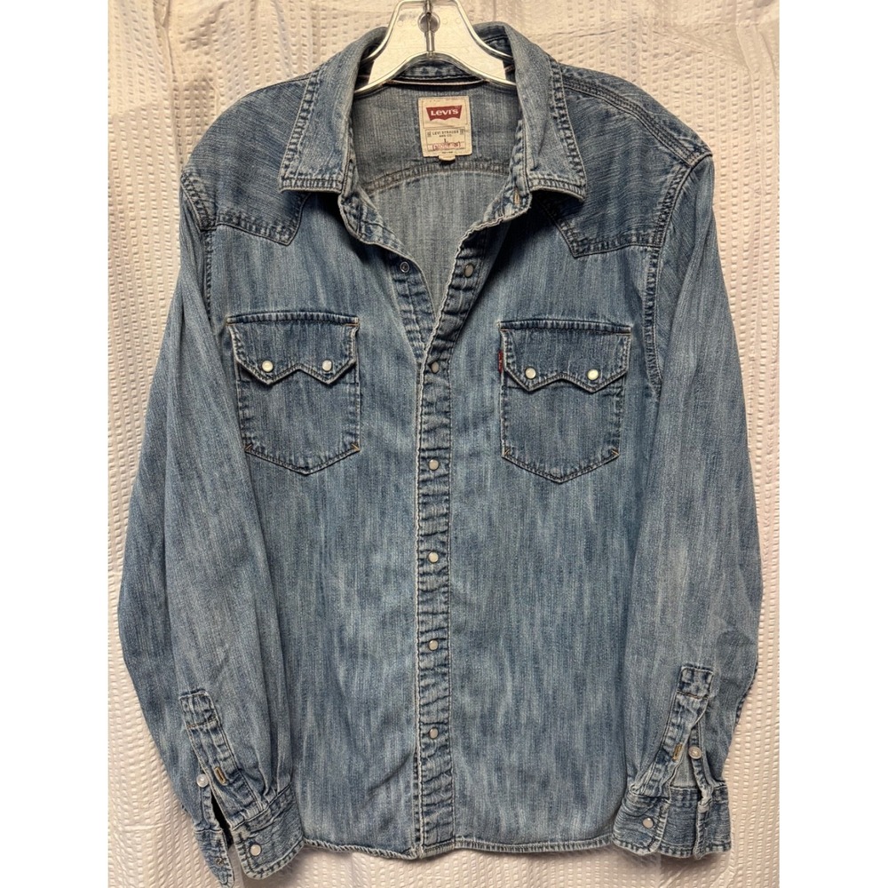 Levis Pearl Snap Denim Long Sleeve Blue Shirt Mens Western Red Tab Sz L - Picture 1 of 16